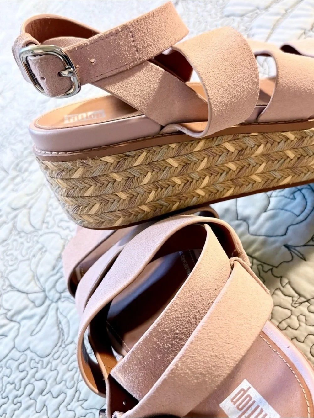 💥FitFlop Eloise Blush Pink Suede Strappy Espadrille Platform Wedge Sandals~9❤️
